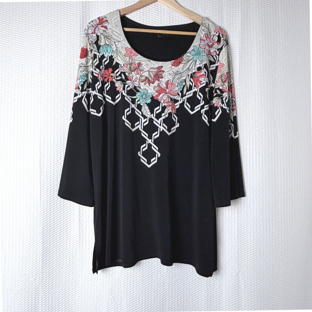 JM Collection Top Women XL Black Floral‎ Geometric 3/4 Sleeve Art Boho Office
